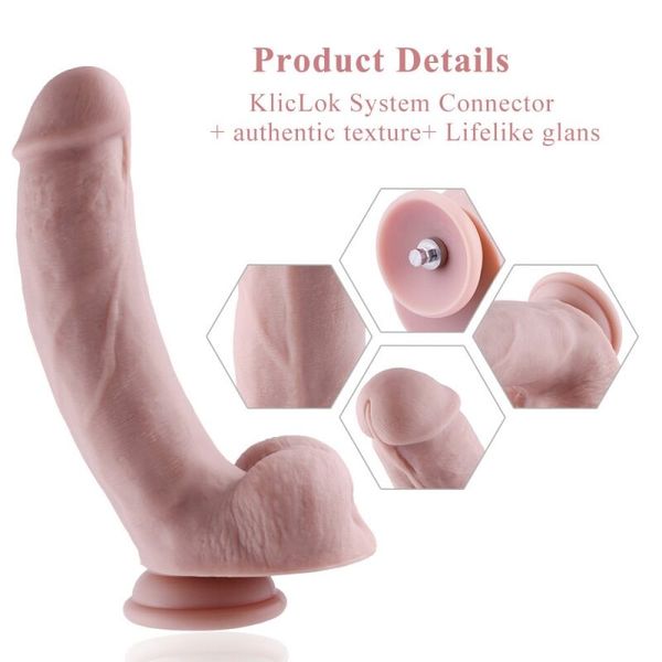 Силіконовий фалоімітатор для секс-машин Hismith 8.3″ Silicone Dildo, вигнутий, система KlicLok SO6205 фото