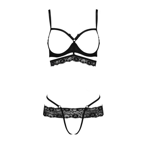 Комплект белья SARIA SET OpenBra black S/M - Passion Exclusive: стрэпы: откртый лиф, стринги PS25002 фото